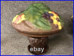Pair 2 Vintage Arts & Crafts Style Lamp with Reverse Painted Grape Clusters Shade