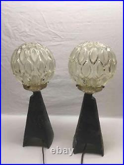 Pair Art Deco Sculpture Art Glass Shade Table Lamp Old Vtg Antique MCM Czech