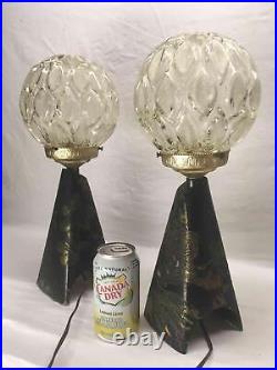 Pair Art Deco Sculpture Art Glass Shade Table Lamp Old Vtg Antique MCM Czech
