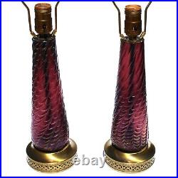 Pair Iridescent Bohemian Art Glass Table Lamps Vintage Purple Scales Set Of Two