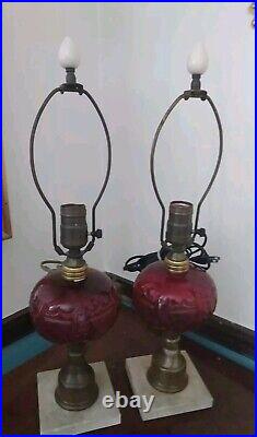 Pair Of Two 2 Vintage Red Amber Glass Cranberry Table Desk Lamps Marble Base MCM