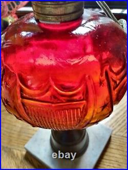 Pair Of Two 2 Vintage Red Amber Glass Cranberry Table Desk Lamps Marble Base MCM