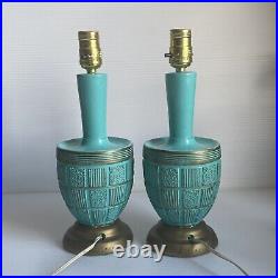 Pair Turquoise Boudoir Lamps Vintage 14 Vanity'64 Pier 1 Ceramic Aqua Gold MCM