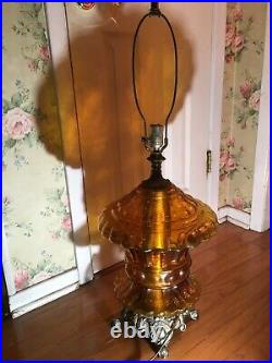 Pair VTG Mid Century Amber Optic Art Glass Table Lamps 3 Way Hollywood Regency