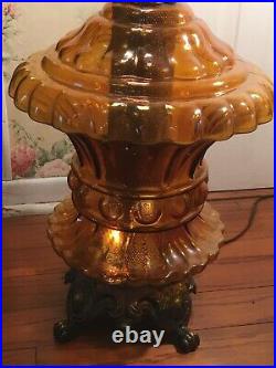 Pair VTG Mid Century Amber Optic Art Glass Table Lamps 3 Way Hollywood Regency