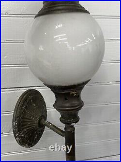 Pair Vintage Art Deco Brass Milk Glass Wall Fixture Sconces Hanging Light Lamp