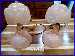 Pair Vintage Art Deco Style Pink Glass Lamps With Girl & Flowers, Parasol Shades