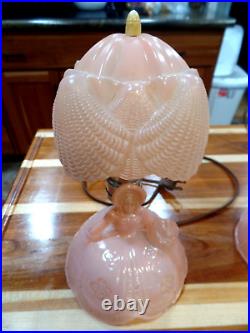 Pair Vintage Art Deco Style Pink Glass Lamps With Girl & Flowers, Parasol Shades