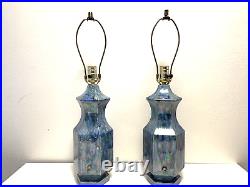 Pair Vintage Mid Century Art Pottery Ceramic Table Lamps Blue Drip Glaze Retro