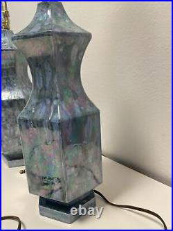 Pair Vintage Mid Century Art Pottery Ceramic Table Lamps Blue Drip Glaze Retro