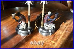 Pair Vintage Mid Century Bronze Art Nouveau Monkey Table Lamps