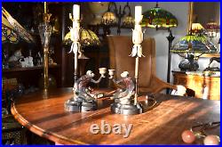 Pair Vintage Mid Century Bronze Art Nouveau Monkey Table Lamps