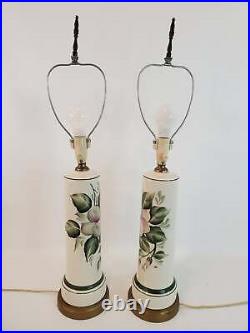 Pair Vintage Porcelain Brass Hand Painted Floral Table Lamps
