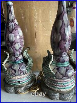 Pair Vtg MCM Art Pottery Ceramic Table Lamps Purple Green Leaves 19.5 T Metal B