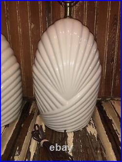 Pair Vtg Seashell Style Beige Table Lamps Original Wiring. 80s Art Deco MCM