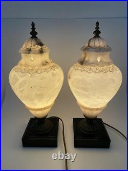 Pair of ALABASTER Vintage Urn Style Glow Lamp Art Deco Marble Toned Lights