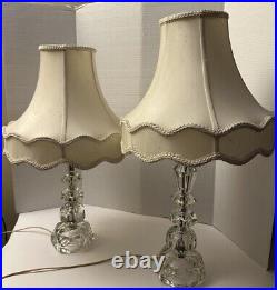 Pair of Vintage Regency Faceted Cut Crystal Table Lamps with Grabell Shades