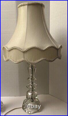 Pair of Vintage Regency Faceted Cut Crystal Table Lamps with Grabell Shades