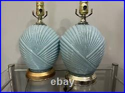 Pair of Vtg 1980's Art Deco Revival Light Blue Reverse Painted Glass Table Lamps