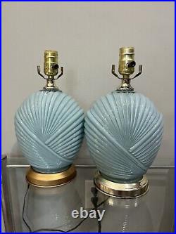 Pair of Vtg 1980's Art Deco Revival Light Blue Reverse Painted Glass Table Lamps