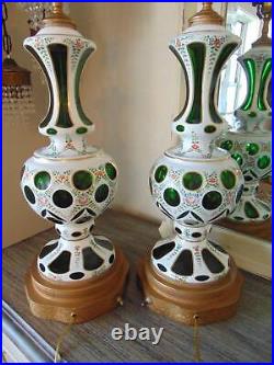 Pair vintage BOHEMIAN CZECH TABLE LAMPS cased white cut to emerald green glass