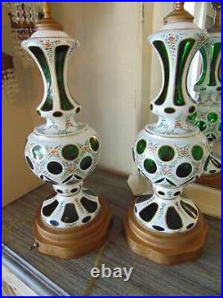 Pair vintage BOHEMIAN CZECH TABLE LAMPS cased white cut to emerald green glass