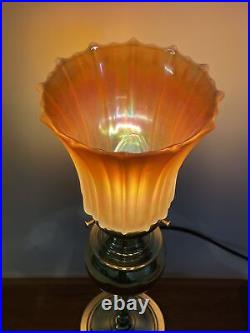 RESTORED Antique Vtg B&H Brass Table Boudoir Lamp Carnival Art Glass Flame Shade