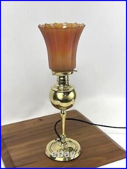 RESTORED Antique Vtg B&H Brass Table Boudoir Lamp Carnival Art Glass Flame Shade