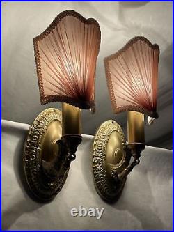 REWIRED Pair Brass Antique Vtg Art Deco Victorian Wall Sconces Pink Lamp Shades