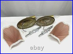 REWIRED Pair Brass Antique Vtg Art Deco Victorian Wall Sconces Pink Lamp Shades