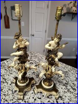 Rare Pair Antique Vintage Moreau Style Figural Cherub Metal Lamps Flute & Lute