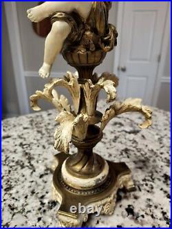 Rare Pair Antique Vintage Moreau Style Figural Cherub Metal Lamps Flute & Lute