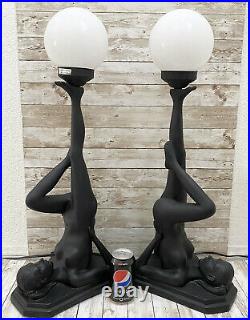Rare Pair Vintage Art Deco Nude Lady Black Table Lamp Set 28 Tall LOCAL PICK UP