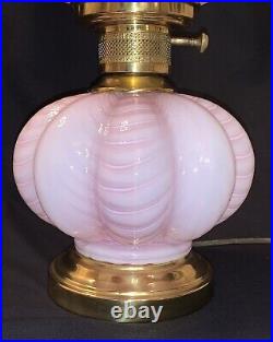 Rare VTG Fenton Art Glass Optic Drapery Pink Overlay Melon Boudoir Lamp, 17 H