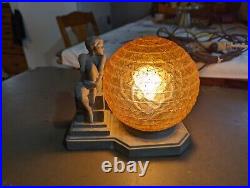 Rare Vintage Art Deco Table Lamp Cast Metal with Dark Amber Color Globe