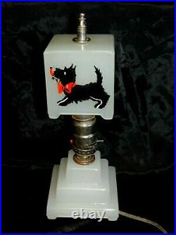 Rare Vintage Houze Co Art Deco White Glass Lamp With Scottie Dogs Glass Shade