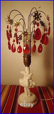 Rare Vtg Art Deco Milk Glass Boudoir Lamp 1920s-30s Silver Spray with Red Prisms