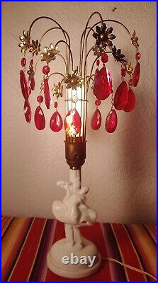 Rare Vtg Art Deco Milk Glass Boudoir Lamp 1920s-30s Silver Spray with Red Prisms