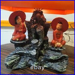 SILVESTRI BROS Oriental Figural Chalkware Lamp Asian VTG Red Shade Mid Century