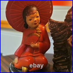 SILVESTRI BROS Oriental Figural Chalkware Lamp Asian VTG Red Shade Mid Century