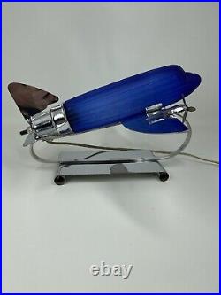 Sarsaparilla Vintage Art Deco Colbalt Blue Glass Air Plane Table Lamp Old Modern