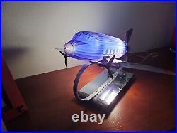 Sarsaparilla Vintage Art Deco Colbalt Blue Glass Air Plane Table Lamp Old Modern
