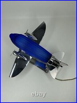 Sarsaparilla Vintage Art Deco Colbalt Blue Glass Air Plane Table Lamp Old Modern