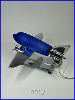 Sarsaparilla Vintage Art Deco Colbalt Blue Glass Air Plane Table Lamp Old Modern