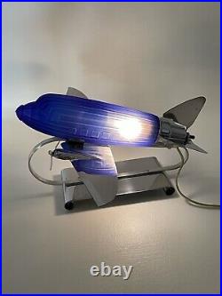 Sarsaparilla Vintage Art Deco Colbalt Blue Glass Air Plane Table Lamp Old Modern