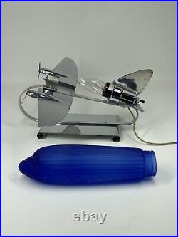 Sarsaparilla Vintage Art Deco Colbalt Blue Glass Air Plane Table Lamp Old Modern