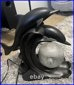 Set Of Two Vintage Art Deco Dolphin Moon Table Lamps Black & White