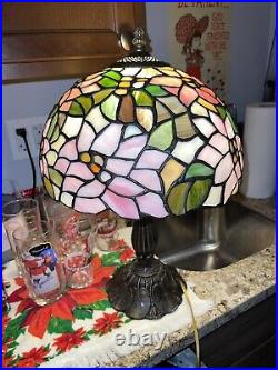 Tiffany Style Lamp 21 Inch Tall, Floral, Pink, Stained Glass, Art Deco, Vintage