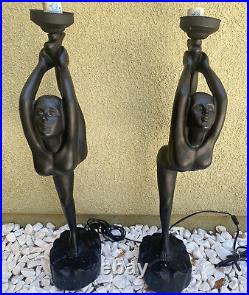 Two Vintage Art Deco Dancer Table Lamp Nude Black Rare Figural Light 27 Tall