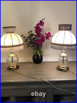 Two Vtg Lamps Crystal Brass Table Bedside Desk Fringe Art Nouveau Style Silk 15